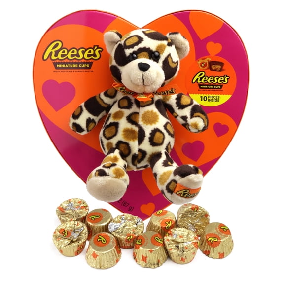 Reese's Valentine's Day Heart Box with Plush Bear, Individually Wrapped Mini Reese's Inside, Seasonal Candy Gift, 3.10 Ounce