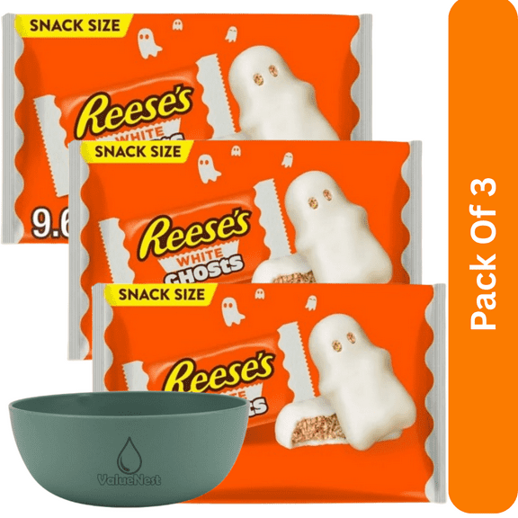 Reese's White Creme Snack Size Peanut Butter Ghosts Halloween Bag 9.6 oz Candy, With Olive Green Bowl By ValueNest