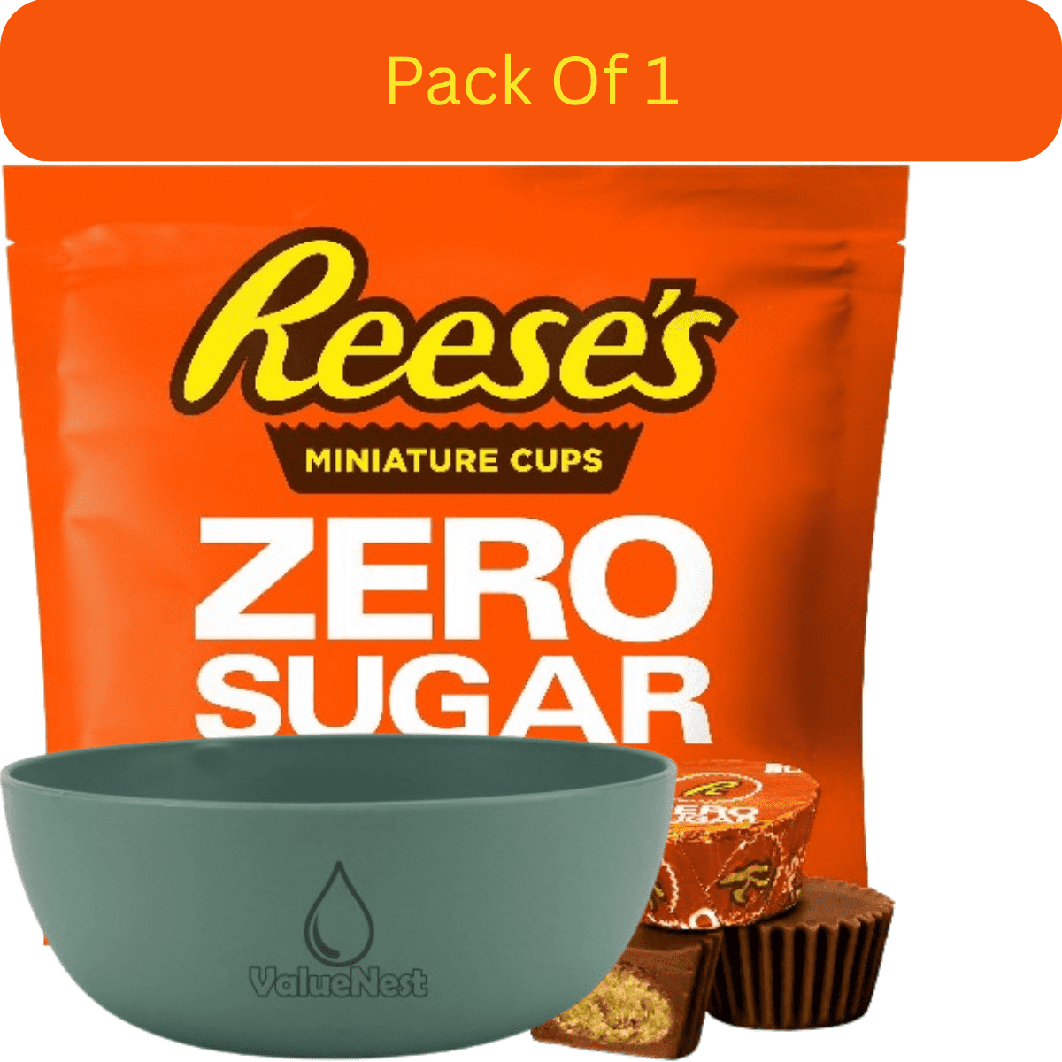 Reese’s Zero Sugar Miniatures Chocolate Peanut Butter Cups Candy Bag 15.5 oz with Olive Green Bowl by ValueNest