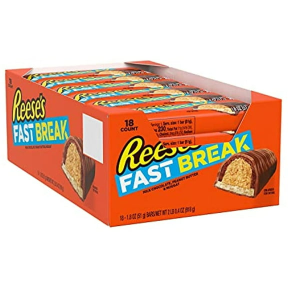 Reeses Fast Break Milk Chocolate Covered Peanut Butter And Nougat Candy, Bulk Candy, 1.8 Oz Bar (18 Ct)