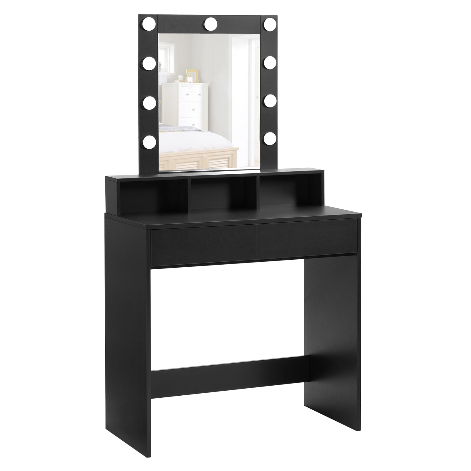 Reettic Vanity Table with Lighted Mirror, Makeup Vanity Desk Set with 2 Storage Drawers, Wooden