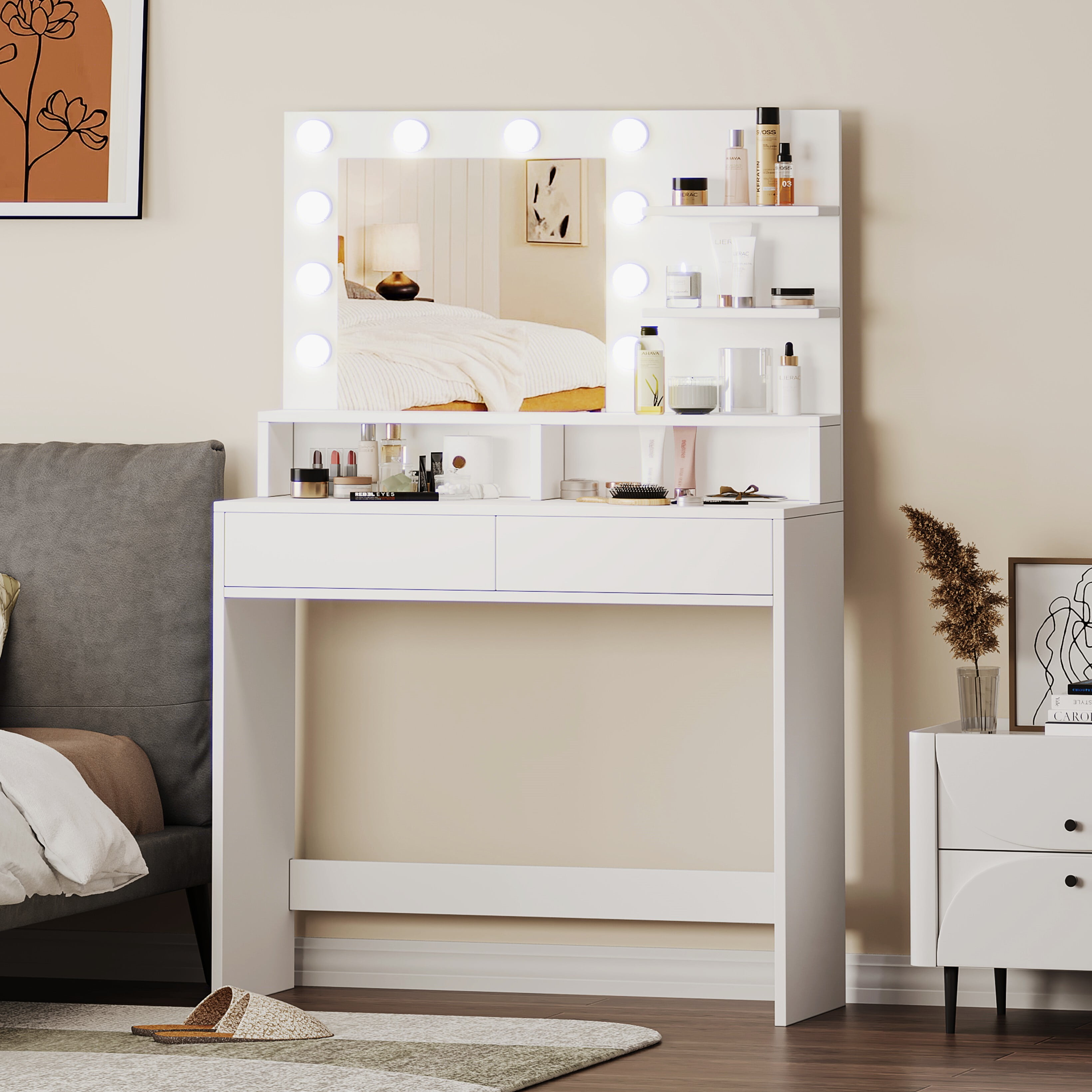 Reettic Vanity Table with Lighted Mirror and Shelf, Makeup Vanity Desk with Drawers, Bedroom Dressing Table,10 Light Blubs & Adjustable Brightness, White RSZT103W