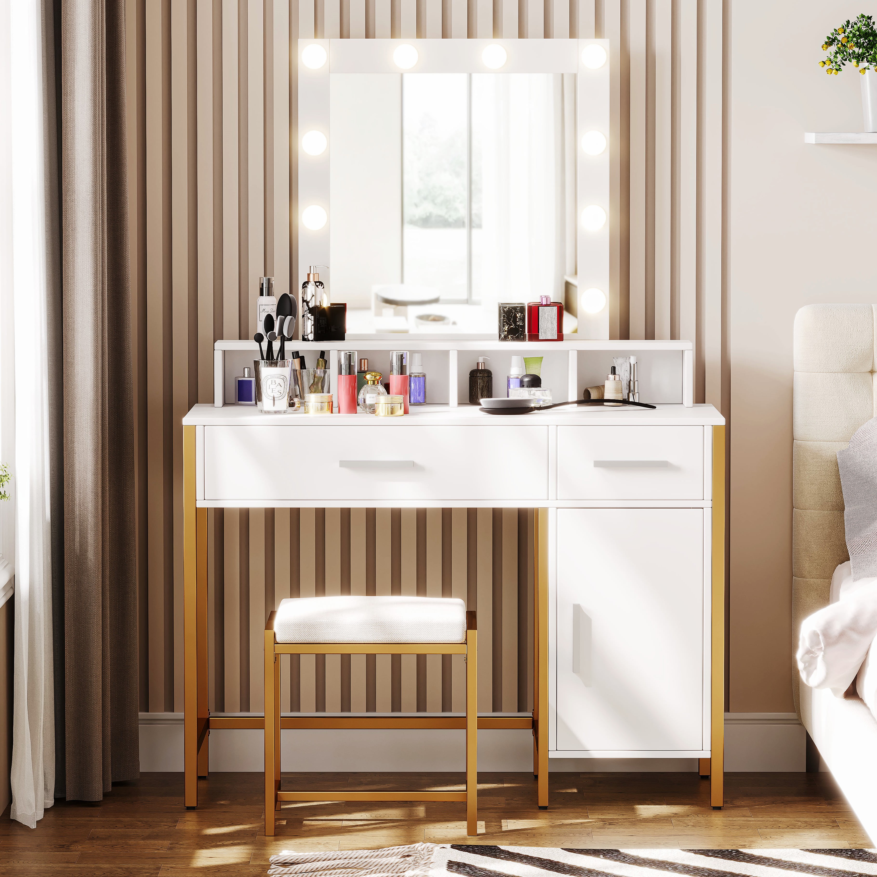 Reettic Vanity Table Set with Lighted Mirror Makeup Vanity Desk with Storage Cabinet and Drawers Cushioned Stool Adjustable Brightness White