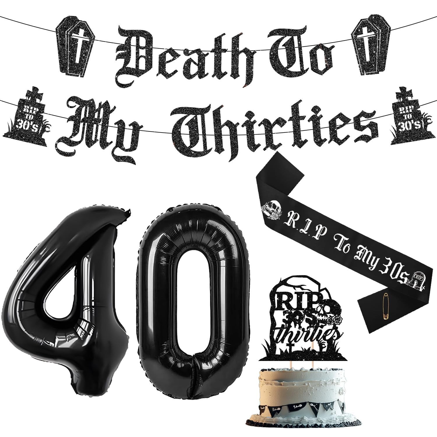 „Death To My 30s“-Deko-Set – Schwarze 40. Geburtstagsdeko Mit Banner, Tortenaufsatz, Schärpe & Ballons
