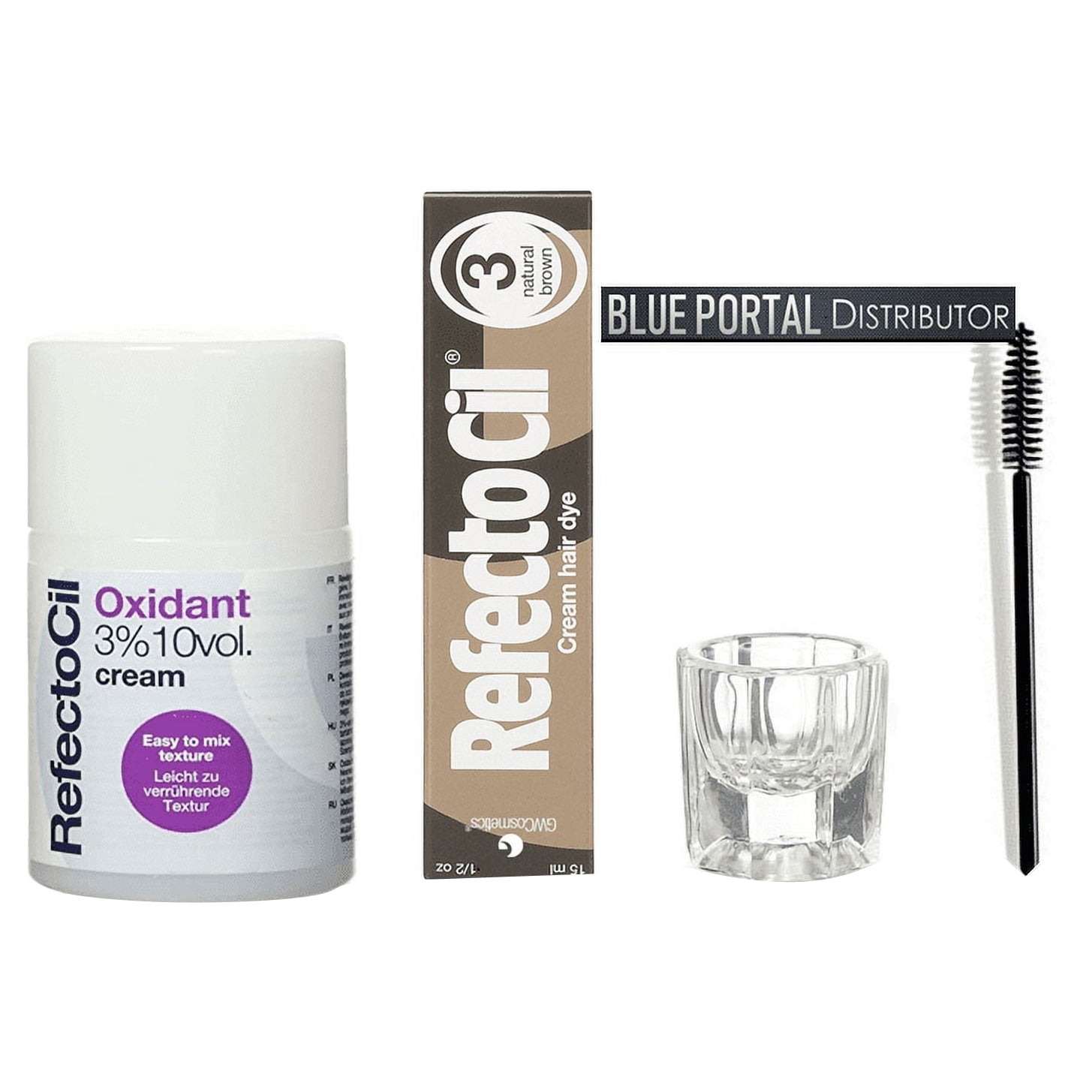 Refectocil KIT - NATURAL BROWN Cream Hair Dye + Creme Oxidant 3% 3.4oz + Mixing Dish + Mascara Brush