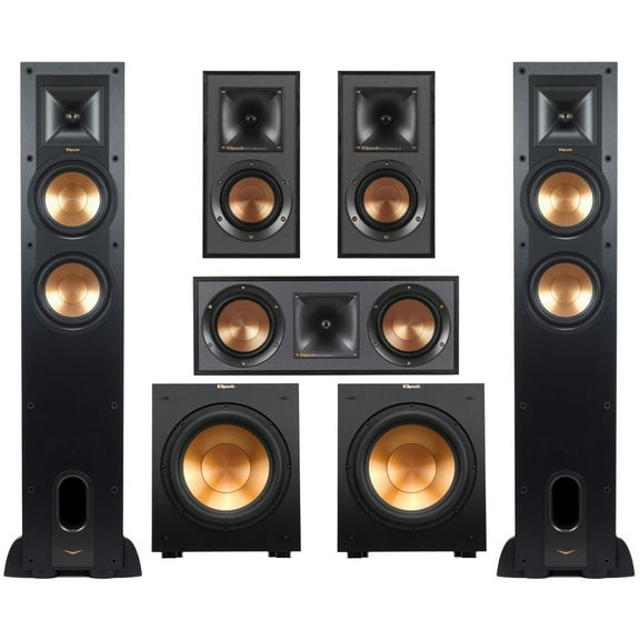 Klipsch Reference 5.2 Home Theater Pack with 2x R-26FA Floorstanding Speaker, 2x R-12SW Subwoofer, R-25C Center Channel Speaker and 2x R-41M Bookshelf Speaker, Black