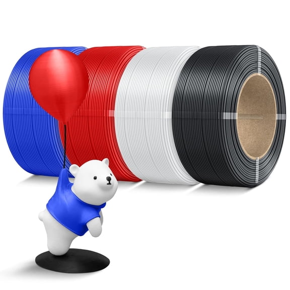 Refill PLA 3D Printer Filament Bundle, 4 Colors 500g Spools (2kg Total) 1.75mm, Black White Red Blue, Individually Vacuum Packed for Reusable Spools
