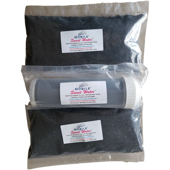 Refillable 2.5" by 10" cartridge sleeve filled with Virgin Coconut Granulated Activated Carbon With two (2) bags of refill carbon