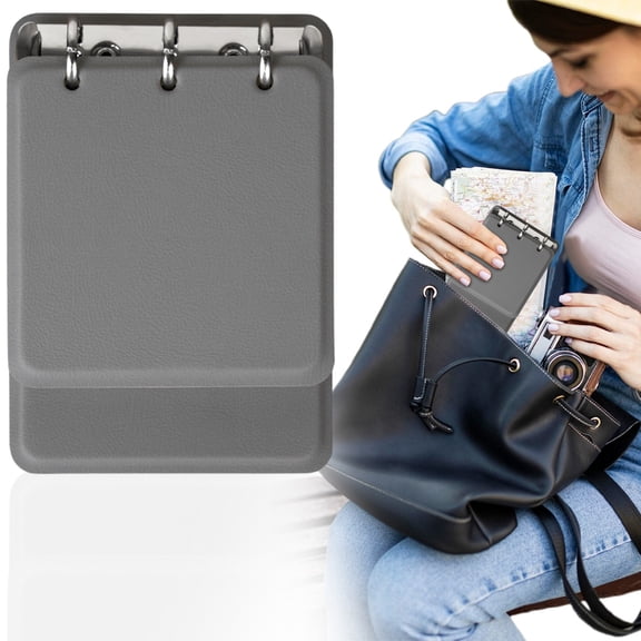 Refillable 3 Ring Pocket Notebook 14×9.8cm 180 Lined Pages Textured Leather Cover Portable Memo Journal Gray