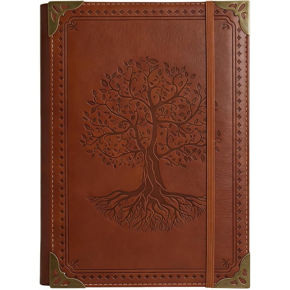 Refillable A5 Leather Binder Journal Notebook, PU Leather Organizer with 6 Ring Binder, 160 Lined & Blank Loose Leaf Pages, Elastic Closure, Metal Corner, for Work Study Daily, Brown Tree
