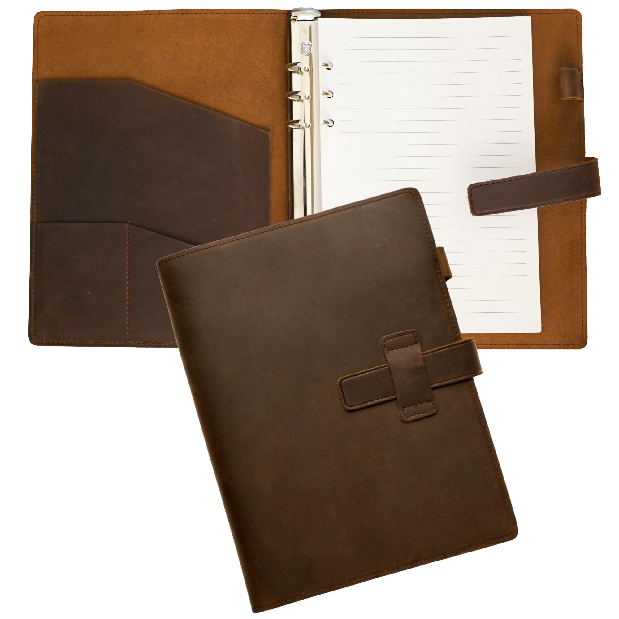 Refillable A5 Leather Binder Notebook 6-ring  Reusable Genuine Journal Vintage Planner 120 Pages Lined Paper & Pocket For Writers Business Work Study College And Daily 6.9"x 9"