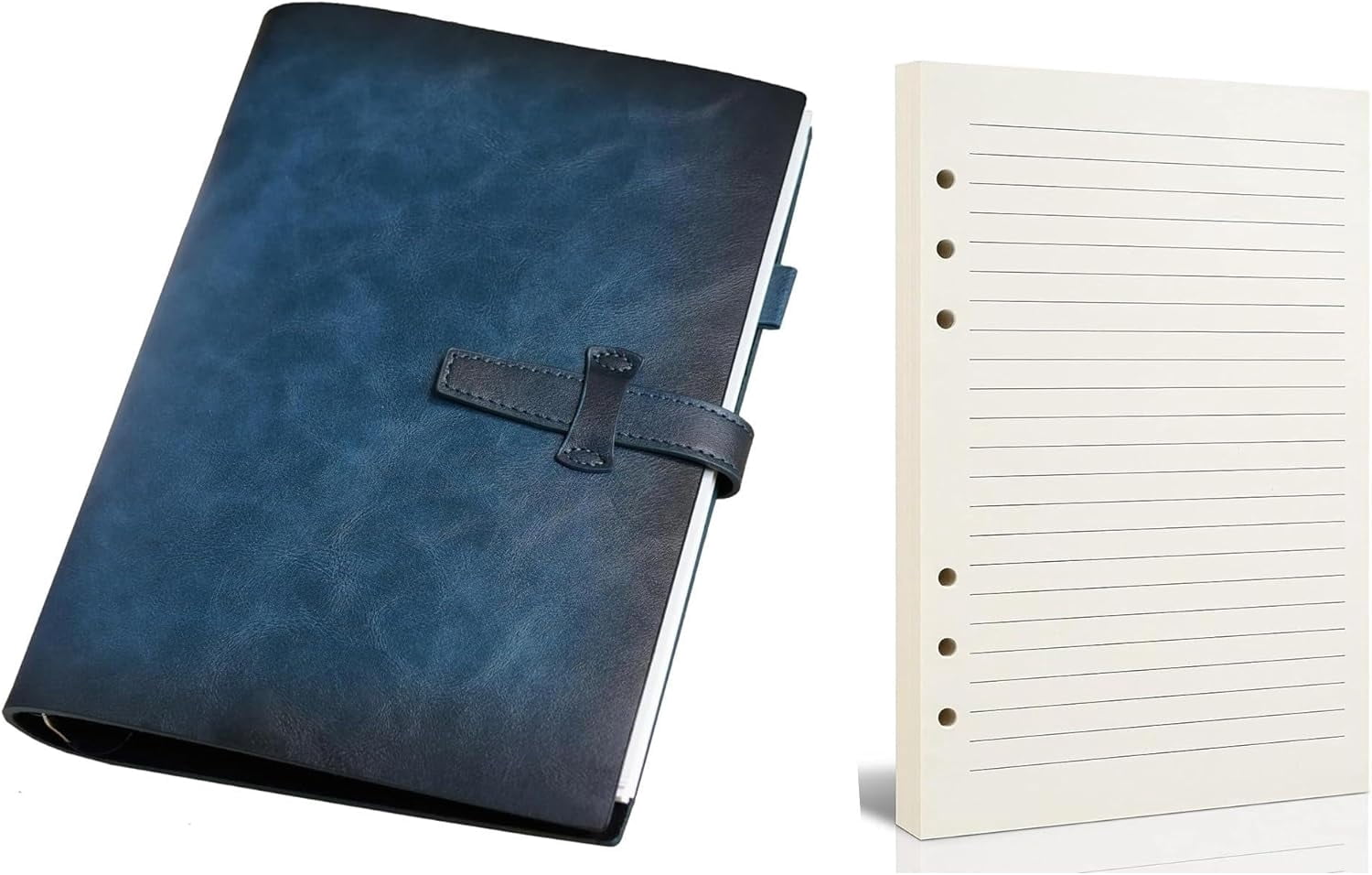 Refillable A5 Leather Binder Notebook, Gradient Design Reusable Journal 6-Ring with 120 Lined Paper+An extra pack of 120 Refill Lined Pages for Writers Business Work Study College and Daily,Blue