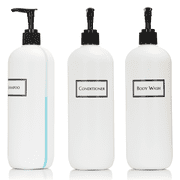 Refillable Body Wash Shampoo and Conditioner Pump Dispenser Bottles with View Stripe, 19 oz 3-Pack Set Black Pumps - Silkscreen Labeled Shower Bottles, Empty Plastic Bottles with Pump for Bathroom