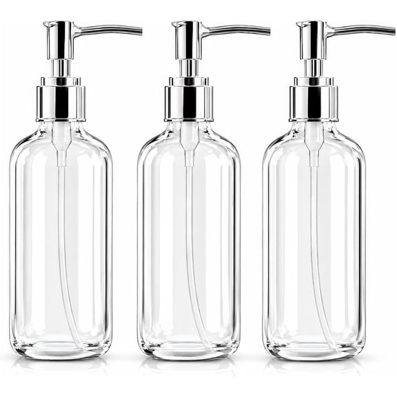 Refillable Clear Soap Dispenser Bottles with Pump, 16 oz (3 Pack) | BPA-Free Plastic Boston Round Containers for Hand Soap, Lotion, Shampoo, Kitchen & Bath