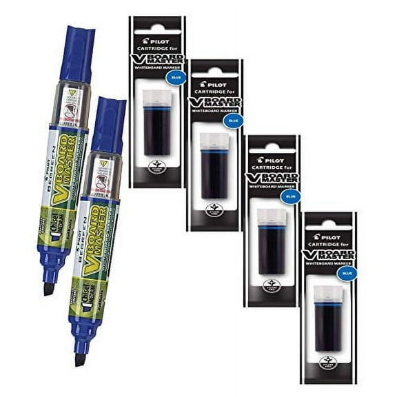 Refillable Dry Erase Markers, Pilot V Board Master, 2 Blue Ink Chisel Tip Markers with 4 Refills, P1a439156p