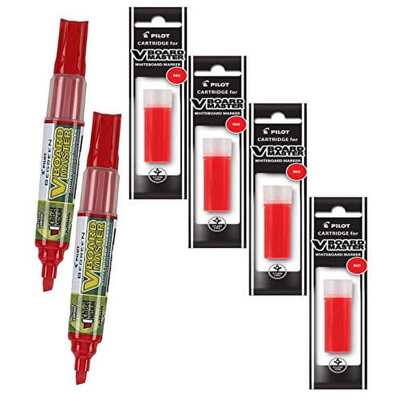 Refillable Dry Erase Markers, Pilot V Board Master, 2 Red Ink Chisel Tip Low Odor Markers with 4 Refills, P1a439166p