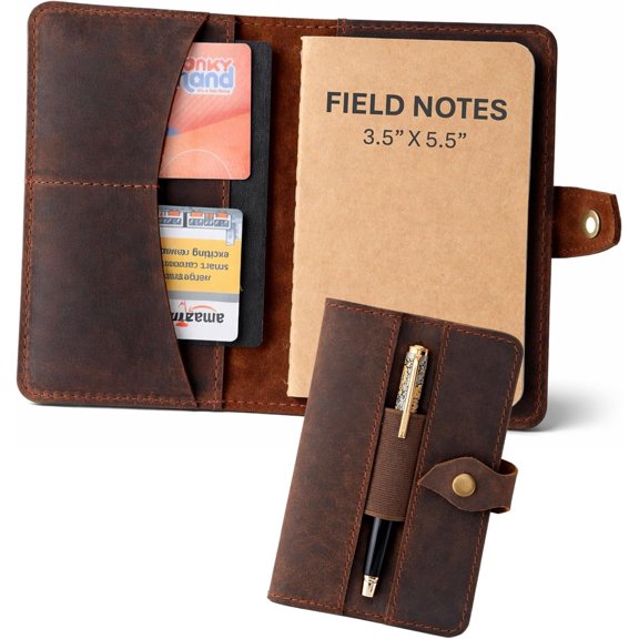 Refillable Field Notes Cover 3.5 x 5.5" | Distressed Pocket Journal & Travel Diary Cover with Card Slots, Pen Loop & Passport Pocket Planner Case