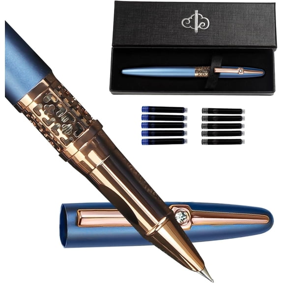 Refillable Fountain Pen Fine Nib, Fancy Ink Pen with 5 Black & 5 Blue Ink Refills Cartridges, Cool Ink Pens for Writing, Business Metal,   Set for Men & Women, Blue