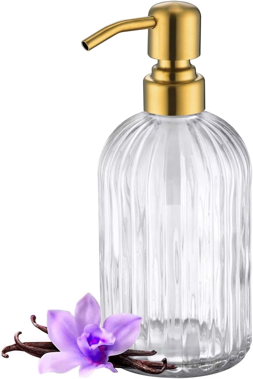 Refillable Glass Kitchen Soap Dispenser,16oz Bathroom Soap Dispenser with Vertical Strip,Golden 304 Stainless Steel Pump , Clear Thick Glass,for Modern  Decor, Countertop, Hotel