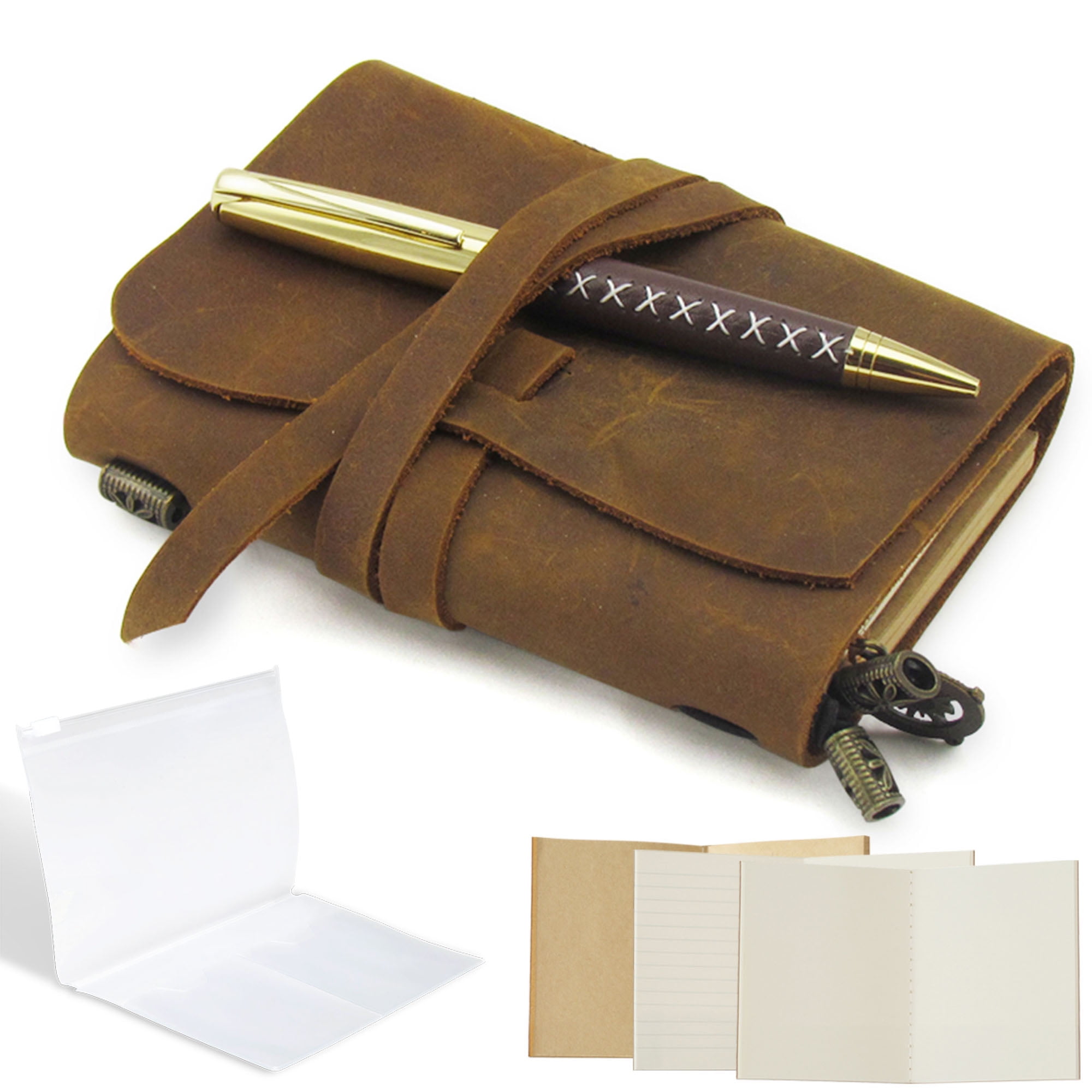 Refillable Leather Travel Journal for Men and Women, Handmade Gift Set with Passport Size Notebook, Holder and Wallet with Stylish Pen, Sketchbook, Planner and Diary (3 Paper Packs) (5.4x4.3")