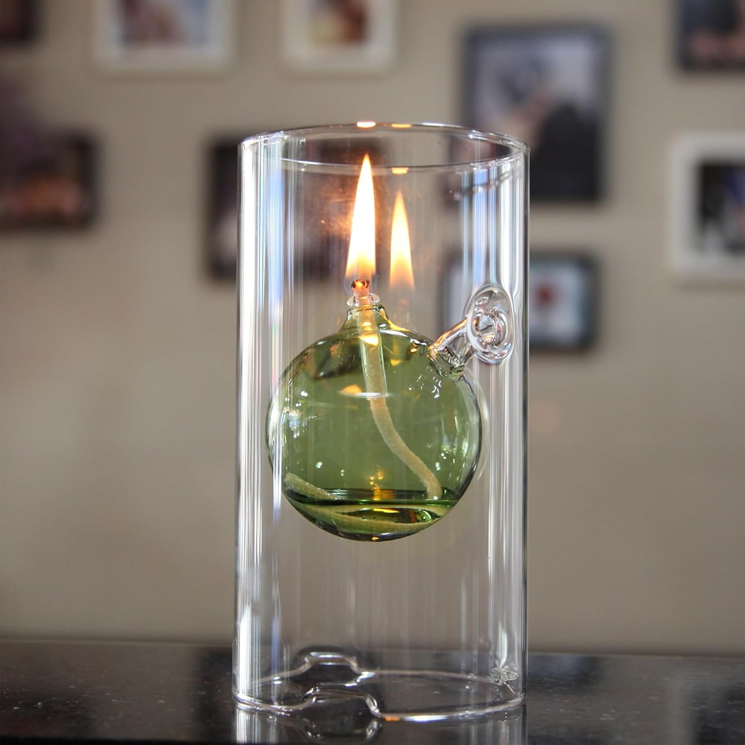 Refillable Liquid Petite Oil Lamp: Glass Oil Light Borosilicate Includes Bliss Suspended Hurricane Candle Holder Sleeve Lamp, Oil Candle Vessels for Table Centerpieces Decor (Green)
