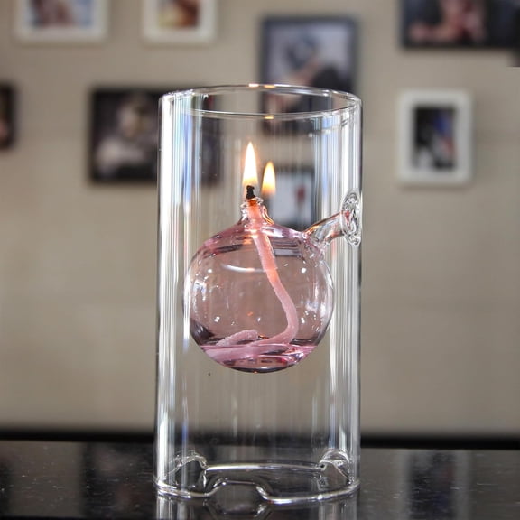 Refillable Liquid Petite Oil Lamp: Glass Oil Light Borosilicate Includes Bliss Suspended Hurricane Candle Holder Sleeve Lamp, Oil Candle Vessels for Table Centerpieces Decor (Pink)