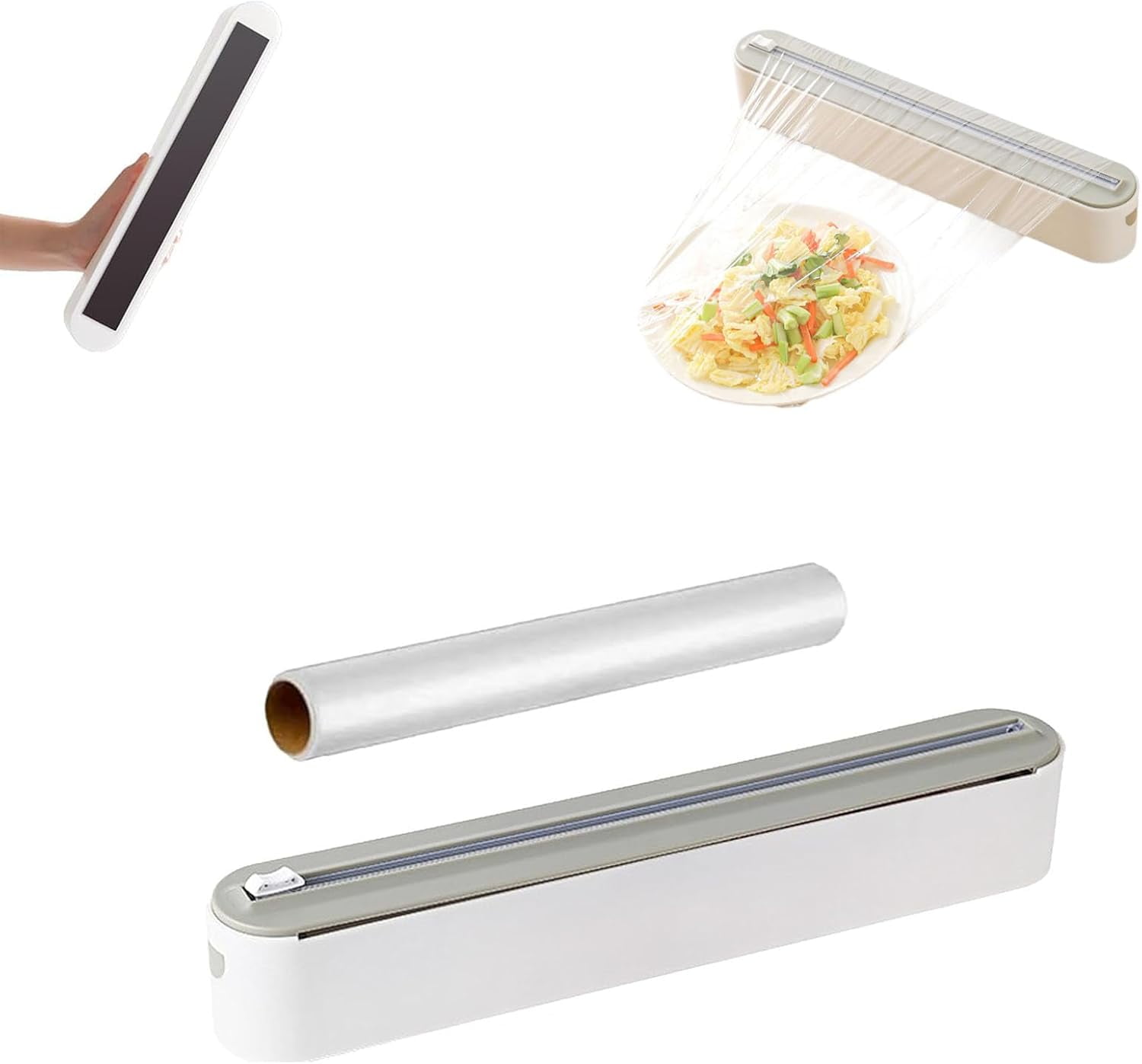 Refillable Magnetic Plastic Wrap Dispenser with Cutter – Sturdy Tin Aluminum Foil & Cling Film Dispenser, Includes 4m Plastic wrap(Gray‑White)-dh