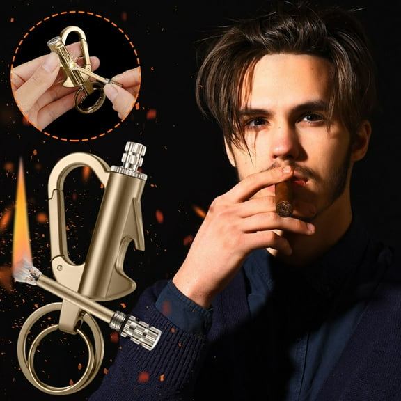Refillable Metal Keychain Lighter with Survival Fire Starter - Portable Emergency Flint Lighter for Camping, Hiking, Outdoors - Gift for Men, Preppers, Adventurers