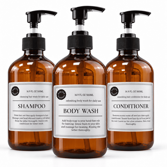 Refillable Plastic Pump Bottles for Lotion, Liquid Soap and Shampoo,Amber, 500 mL Each, 3 Pack