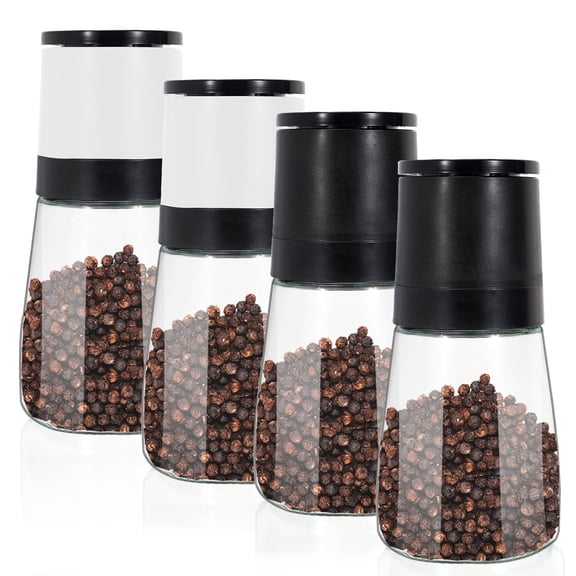 Refillable Salt and Pepper Grinder Set of 4, Adjustable Pepper Mill Grinder Manual, Kitchen Glass Spice Sea Salt Grinder, Pepper Shaker Grinder (Black & White)