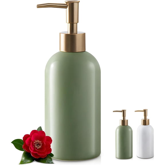 Refillable Soap Dispenser for Kitchen Sink,Small Gold Ceramic Lotion Pump Bottle for Bathroom Countertop Sink, Round Hand Soap Dispenser Bottle with Golden Stripe for Laundry Shower Liquid (Green)