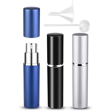 Refillable Travel Perfume Atomiser Bottles, 3 Pcs 6ml Mini Portable Spray Bottles Refillable Perfume Aftershave Atomiser Empty Travel Bottles with Funnel (Black+Silver+Dark Blue)