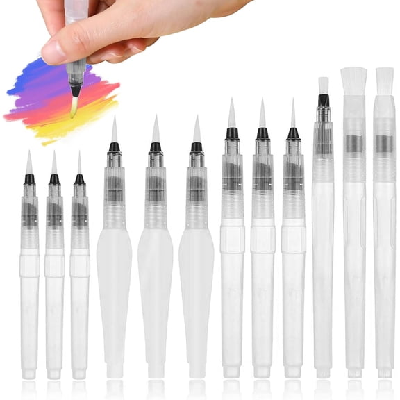 Refillable Watercolour Brush Pens Set - 12 Pack Assorted Tips Water Brush Pen for Watercolor Painting, Lettering, Blending - Reusable Watercolour Pen Art Supplies for Artists and Beginners