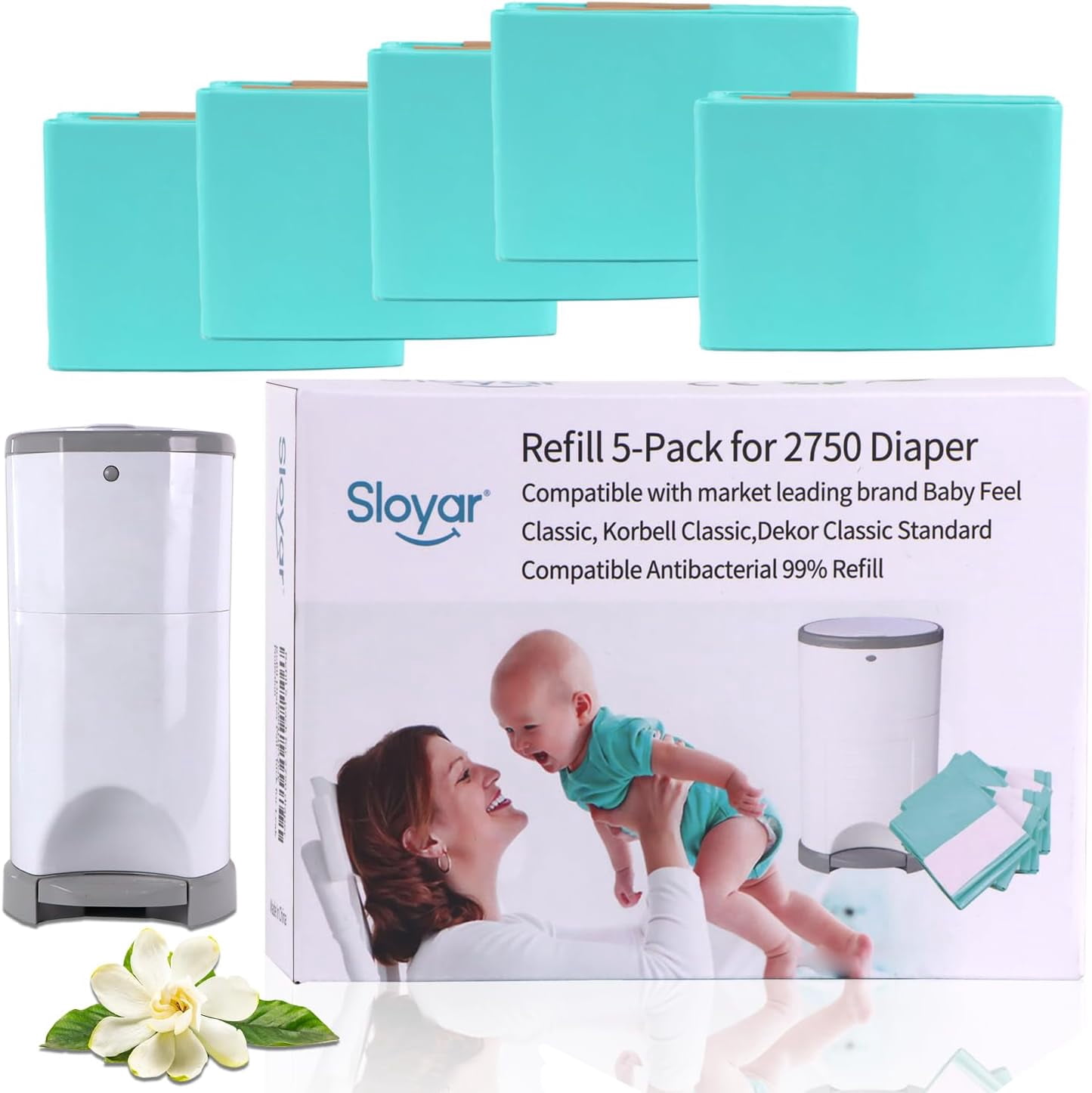 Refills Compatible with DEKOR CLASSIC Diaper Pails/5 Pack/Versatile and Functional/Suitable for Seniors and Infants/Baby Powder Fragrance/Holds up to 2750 Diapers
