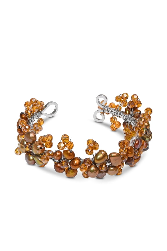 Refined Cultured Freshwater Bronze Pearl Flower Embellishment Cuff Bracelet