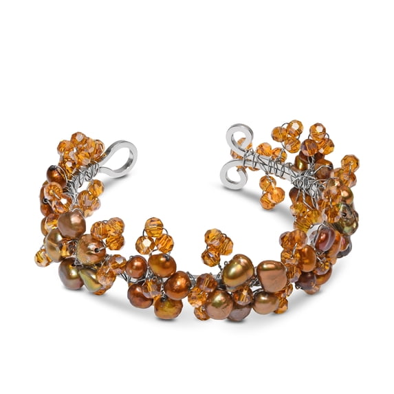 Refined Cultured Freshwater Bronze Pearl Flower Embellishment Cuff Bracelet