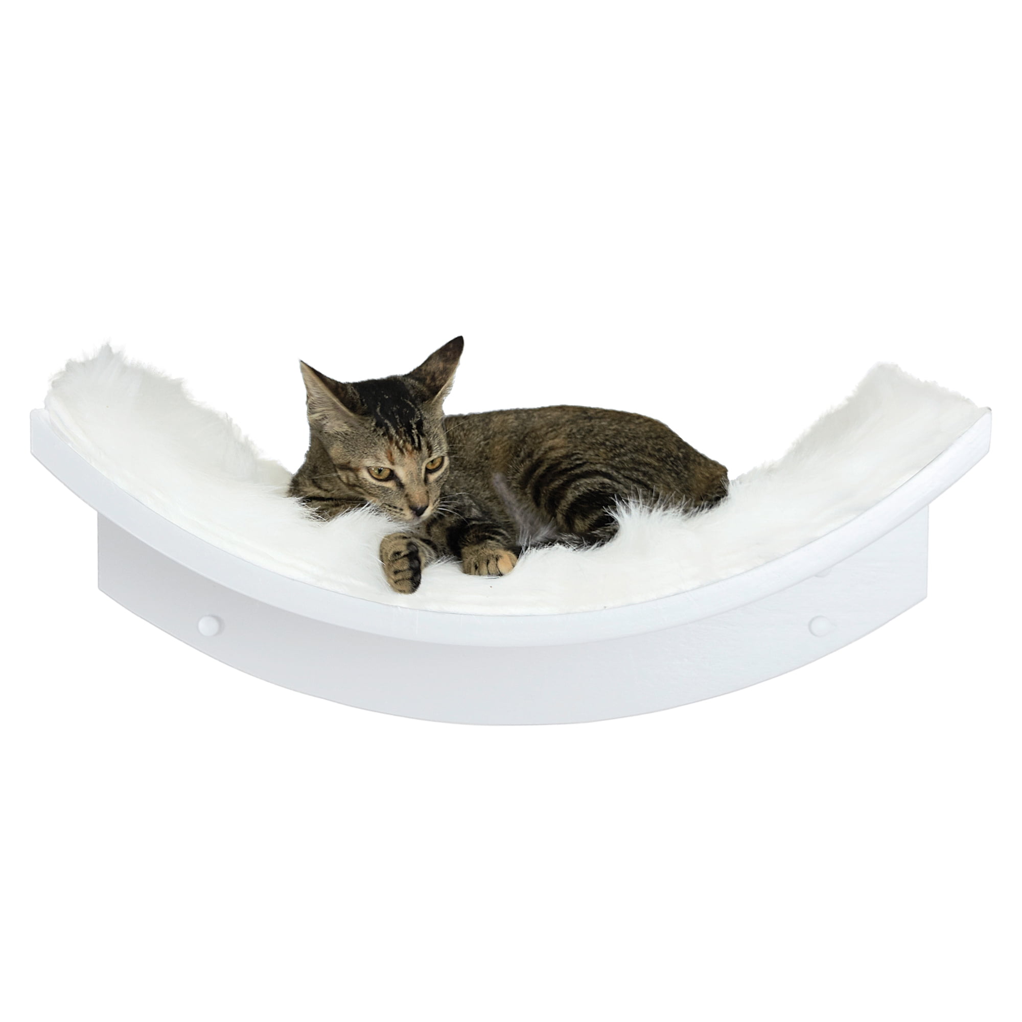 White Modern Wall-Mounted Cat Perch with Faux Fur