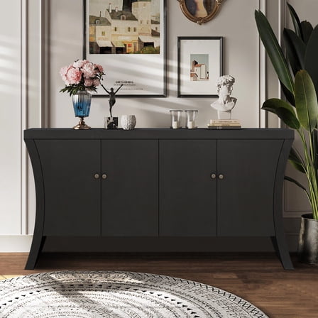 Refined Industrial 4-Door Credenza with Wooden Arc Legs & Bronze Clasps, Advanced Storage Design, Solid Craftsmanship (Black)