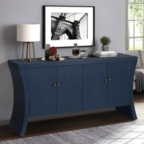 Refined Industrial 4-Door Credenza with Wooden Arc Legs & Bronze Clasps, Advanced Storage Design, Solid Craftsmanship (Blue)