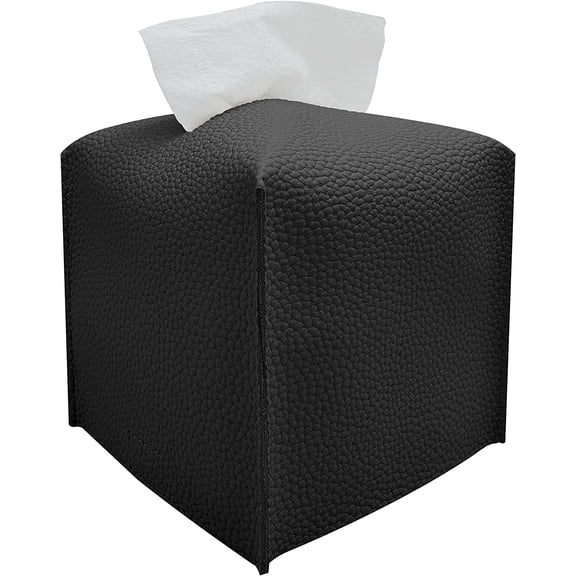 Refined Tissue Box Cover, 12.7cm X 12.7cm, Modern PU Leather Square Tissue Box Holder for Creative Decoration, Perfect for Bathroom/Office/Car/Nightstand/Dining Table (Black)