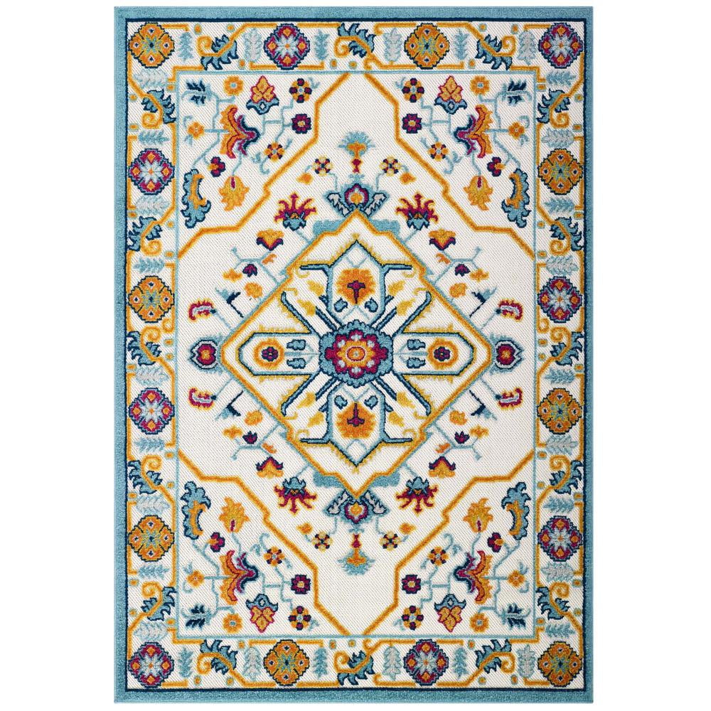 Blue Floral Synthetic Rectangular Stain-Resistant Area Rug