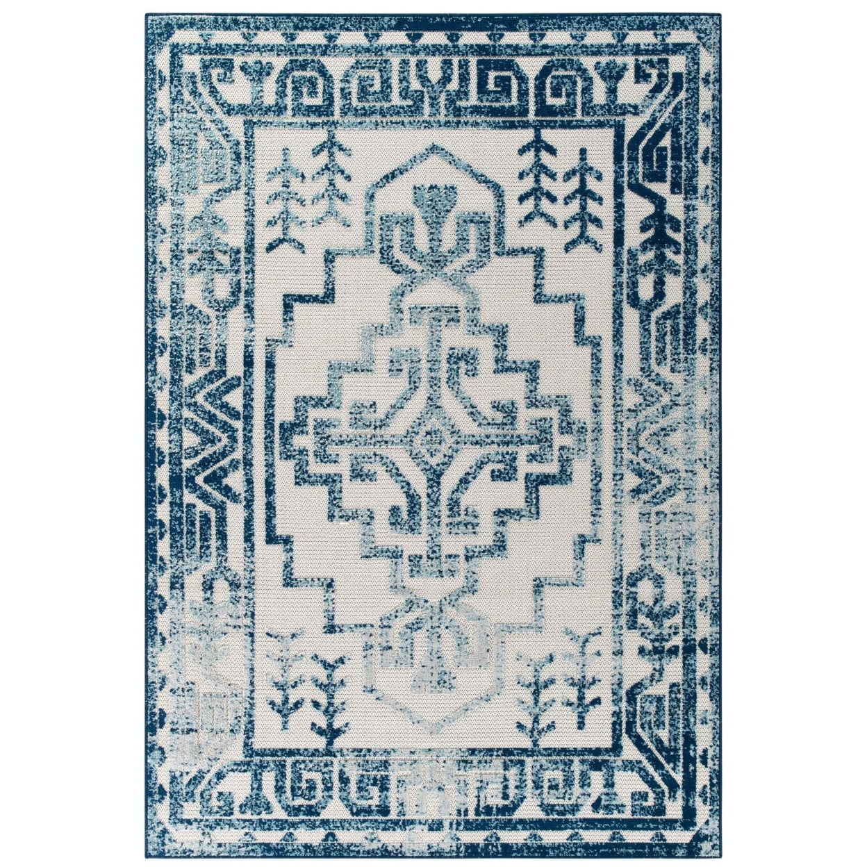 Ivory and Blue Geometric Synthetic 5' x 8' Area Rug
