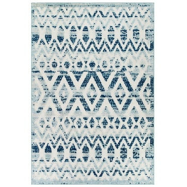 Reflect Tamako Diamond and Chevron Moroccan Trellis 5x8 Indoor or Outdoor Area Rug Ivory and Blue