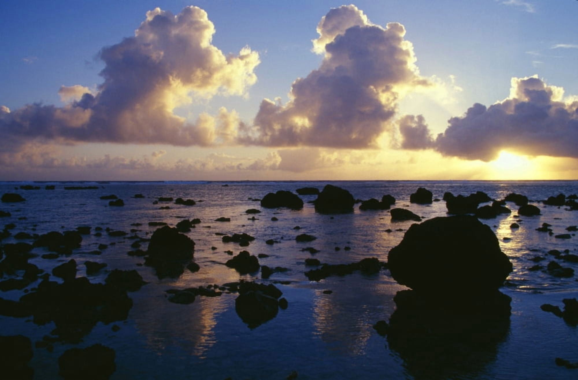 Reflected Sunset Clouds And Silhouetted Rocks On Beach Rarotonga Island Canvas Art - Natural Selection Craig Tuttle Design Pics (36 x 24)