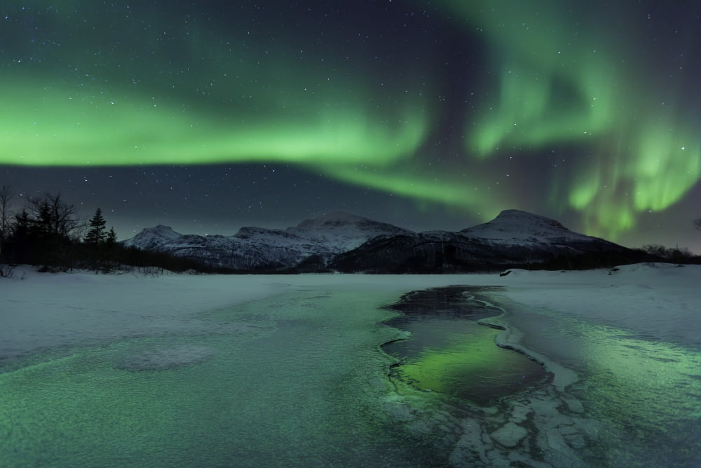 Reflected aurora over a frozen Laksa Lake Nordland Norway Canvas Art - Arild HeitmannStocktrek Images (35 x 23)