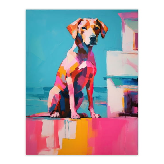 Reflecting Pink Dog At Sunset Vibrant Animal Portrait Hot Pink Orange Blue Oil Painting Extra Large XL Wall Art Poster Print