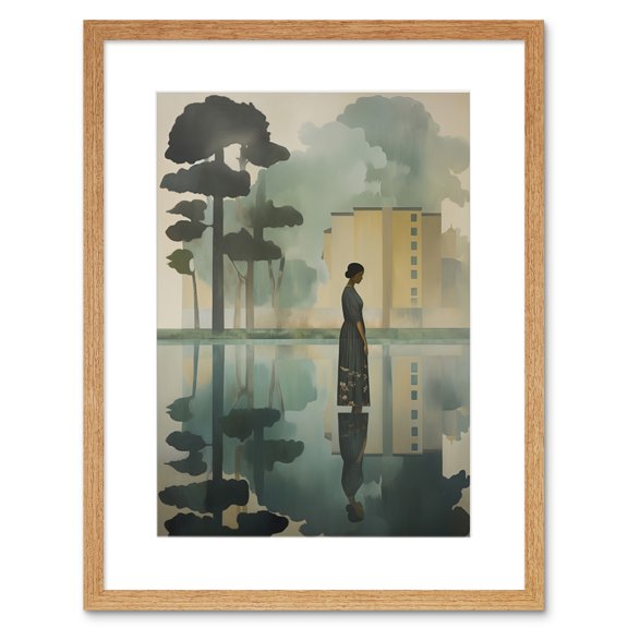 Reflecting and Reflection of Calm Artwork Modern Simple Calming Soft Painting Flat Lake Trees Artwork Framed Wall Art Print 9X7 Inch