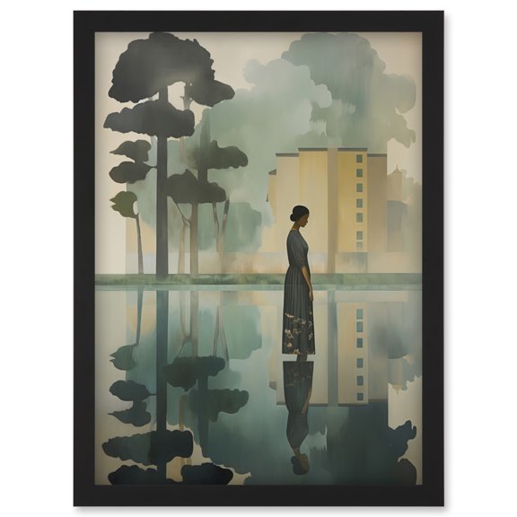 Reflecting and Reflection of Calm Artwork Modern Simple Calming Soft Painting Flat Lake Trees Artwork Framed Wall Art Print A4