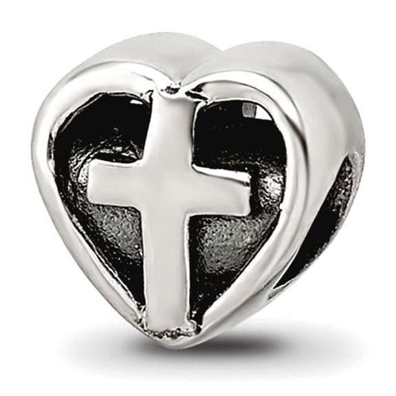 925 Sterling Silver Polished Artisan Oxidized Reflections Teen Love Heart With Religious Faith Cross Bead Charm Pendant