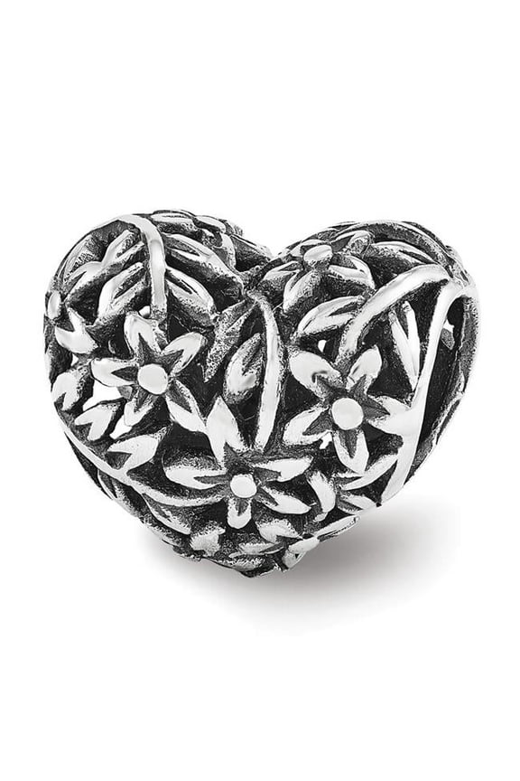 The Black Bow Filigree Flower Heart Bead Charm in Antiqued Sterling Silver